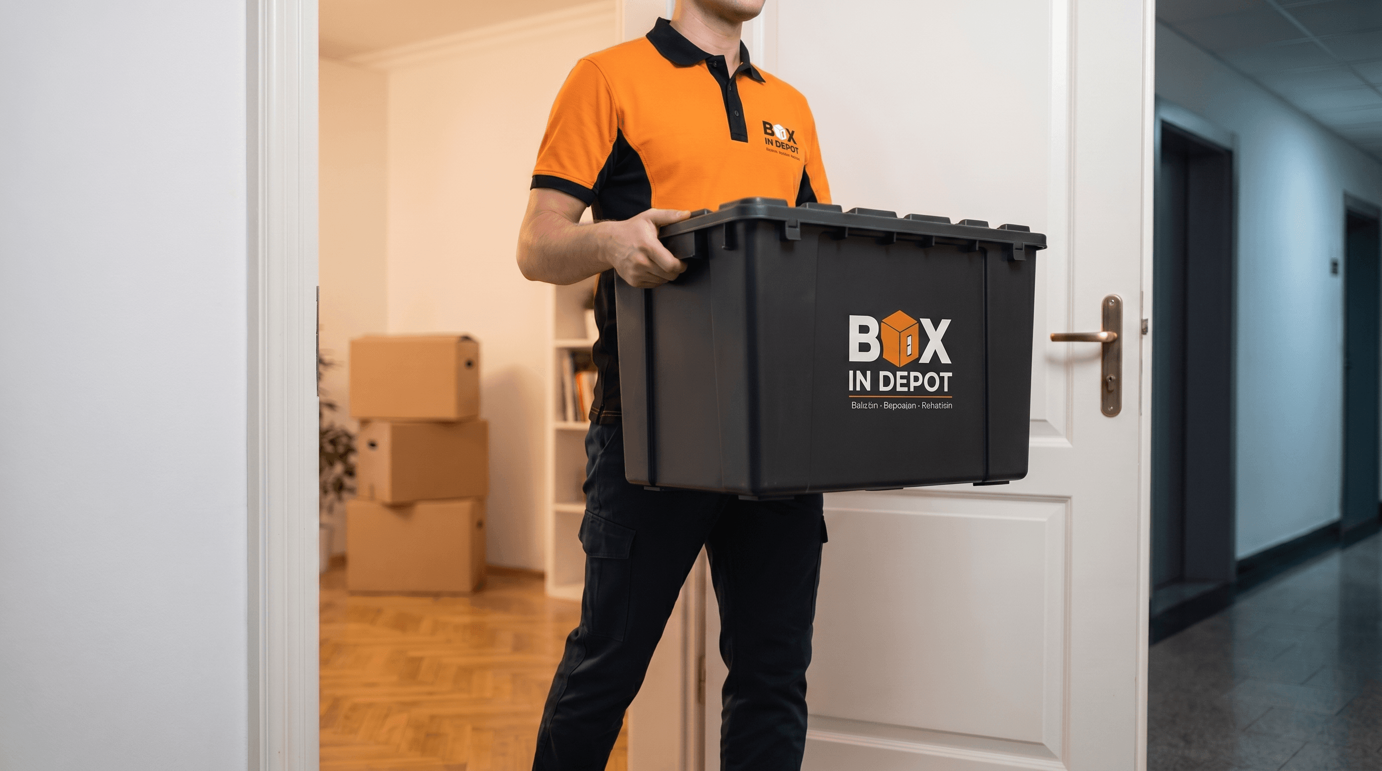 Echipa BOX IN DEPOT predă o cutie sigilată la ușa clientului